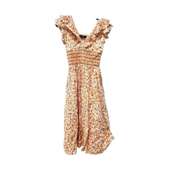 O.P.T Smocked Waist Ruffle Scilla Midi Dress Orange Floral Size Small NWOT - Picture 6 of 13